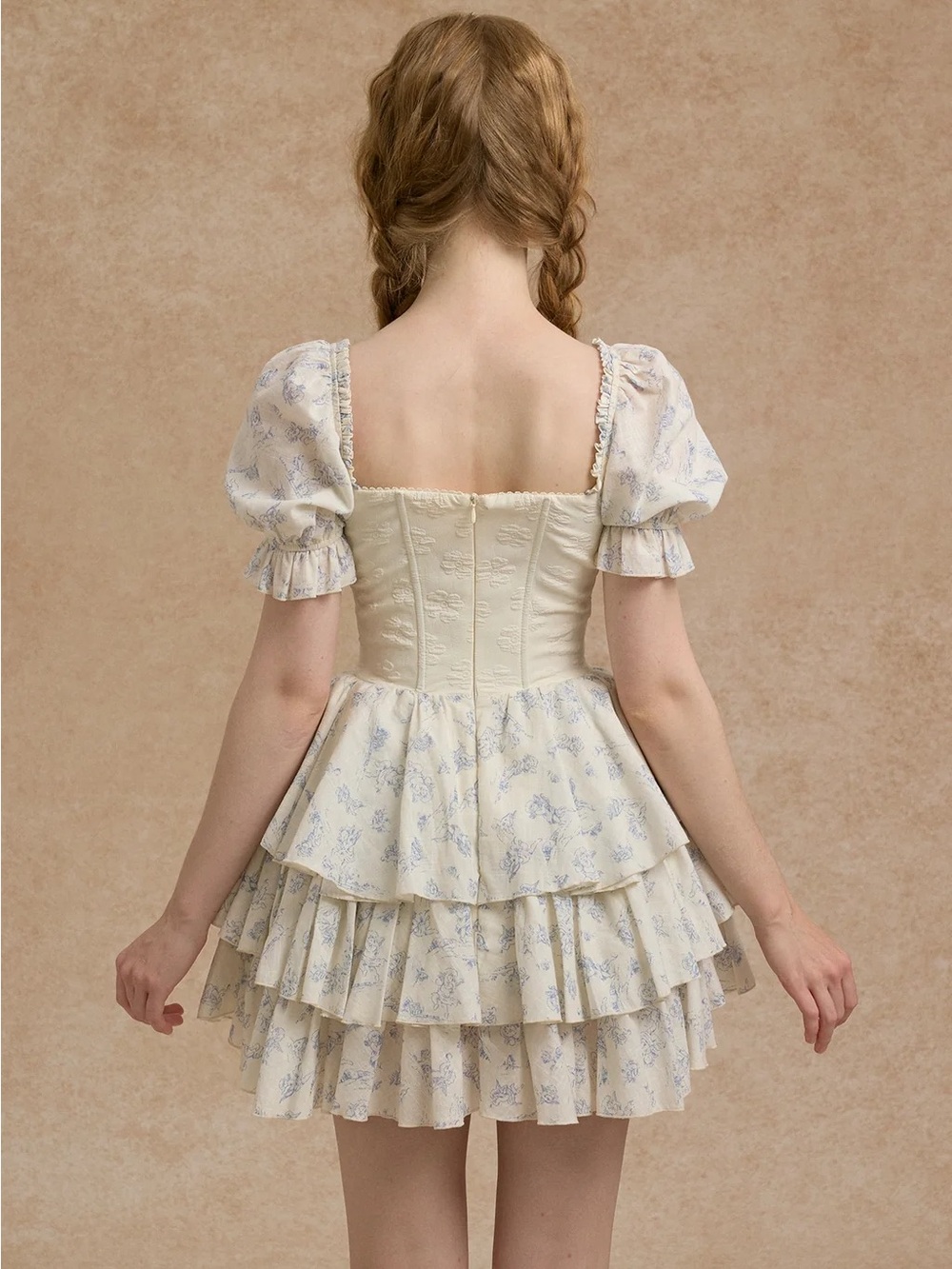 Tiered Ruffle Mini Dress in Cream with Light Blue Accents - Picture 4 of 7